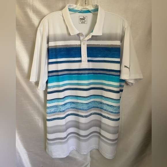 Puma Polo Golf Shirt Dry Cell White with Blue Stripes Mens Lg - Picture 13 of 13